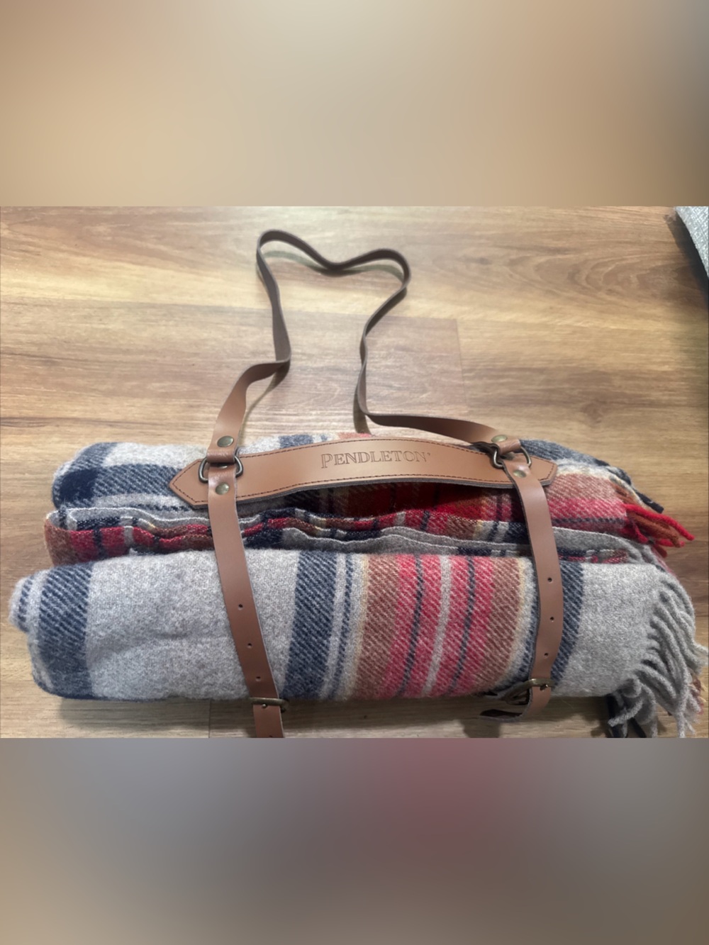 Pendleton Motor Robe Stewart Plaid Fringe Throw & Leather Carrier